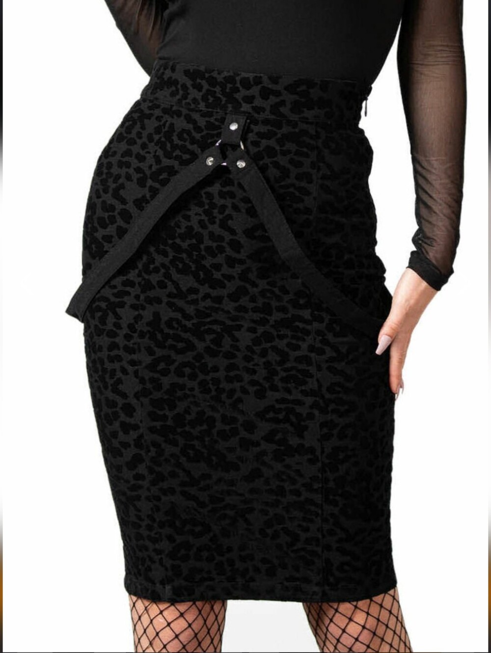 Killstar Black Leopard Jacquard Pencil Skirt with Strap Detail